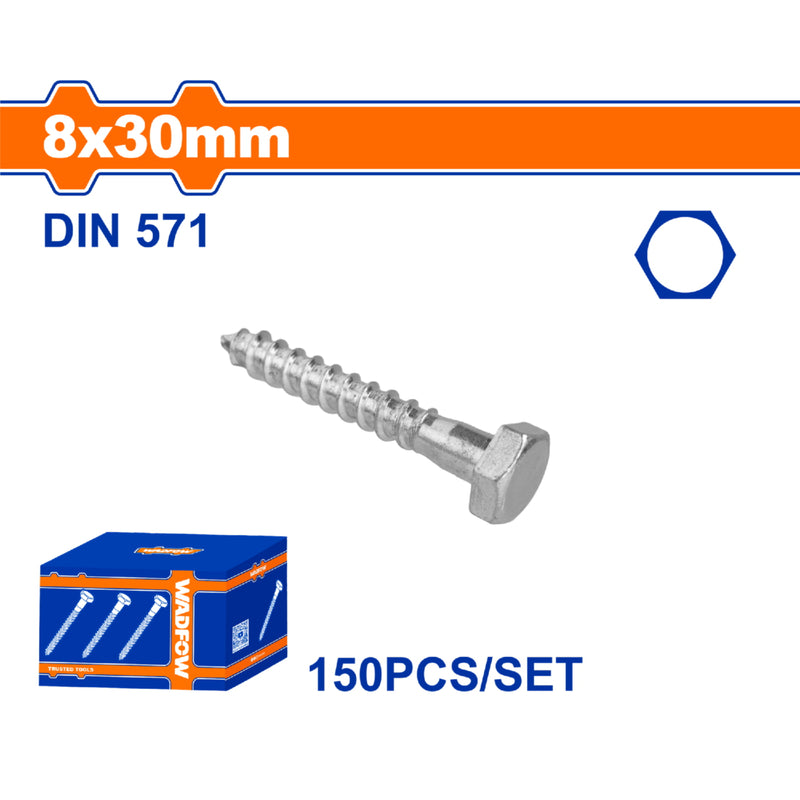 Tornillos Hexagonales 8x30mm de rosca parcial para Madera. Acabado Zinc 150 pzas.