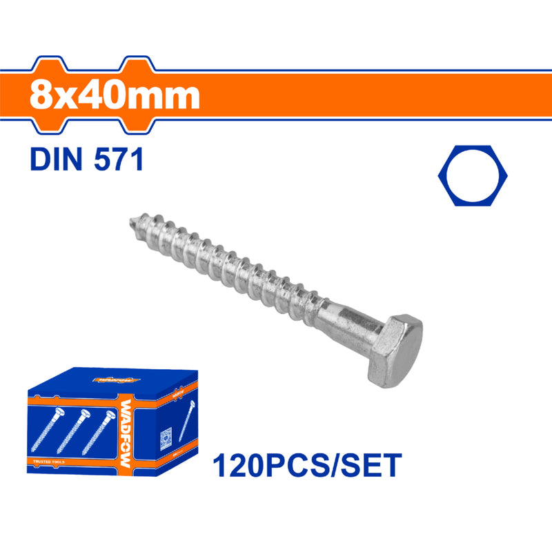 Tornillos Hexagonales 8x40mm de rosca parcial para Madera. Acabado Zinc 120 pzas.