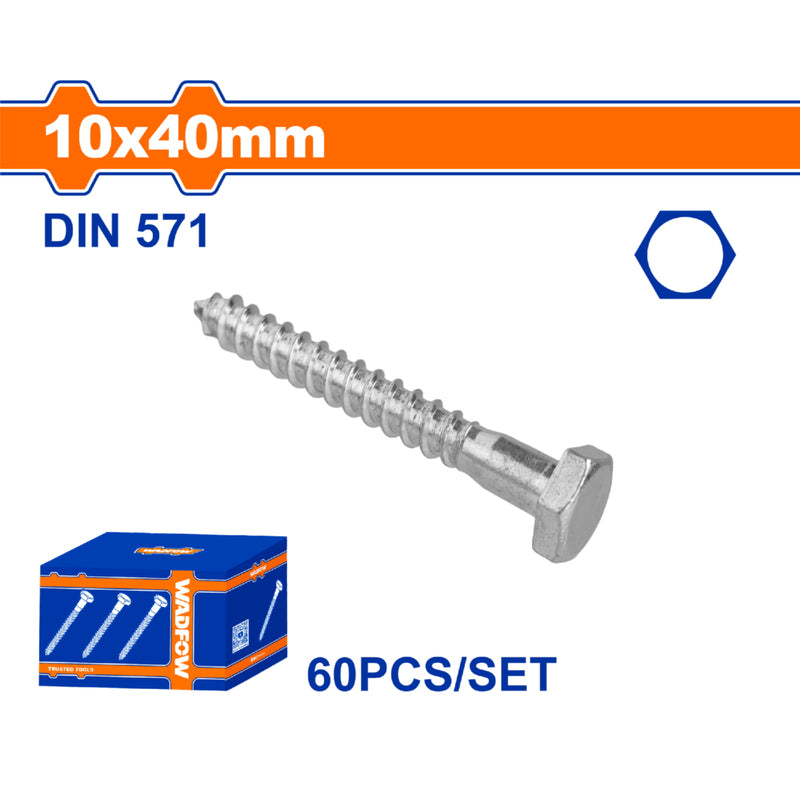Tornillos Hexagonales 10x40mm de rosca parcial para Madera. Acabado Zinc 60 pzas.