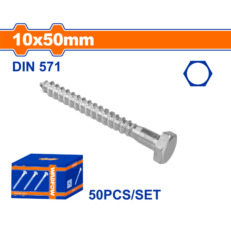 Tornillos Hexagonales 10x50mm de rosca parcial para Madera. Acabado Zinc 50 pzas.