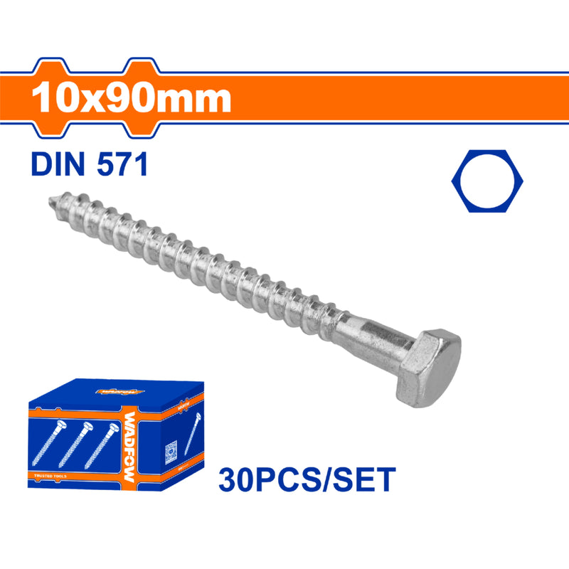 Tornillos Hexagonales 10x90mm de rosca parcial para Madera. Acabado Zinc 30 pzas.