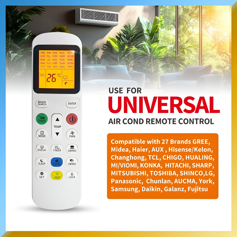Control Remoto Universal pantalla con luz para Aire Acondicionado, genérico. Funciona con las principales marcas de aires del mercado