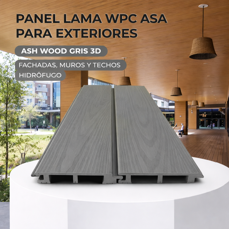 Panel Lama WPC ASA Ash wood gris 3D para exteriores 112x16x2900MM, Madera, hidrófugo fachadas, muros y techos