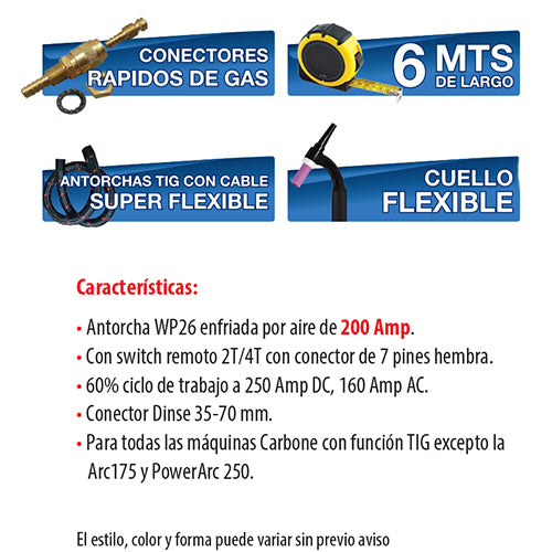 Antorcha Tig WP 26 cabeza flexible con Swich remoto.(Dinse 35mm) 6 mts.