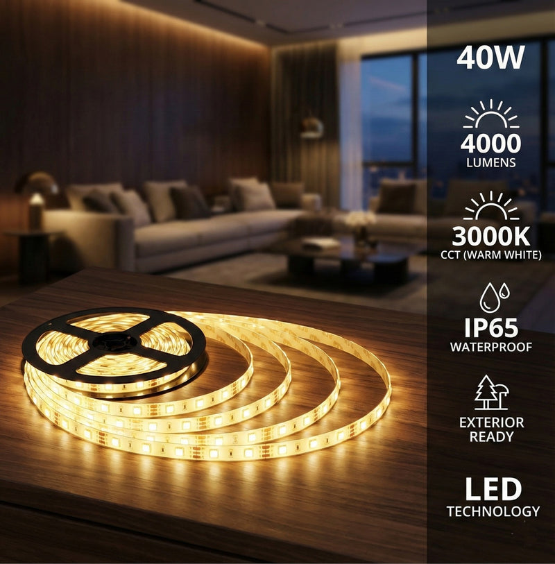 Cinta LED Exterior 5M 110V 3000K Tono Cálido, 40W, 4000lm, Tira Flexible 2835, 120 Chips/m, PVC. Tira LED.