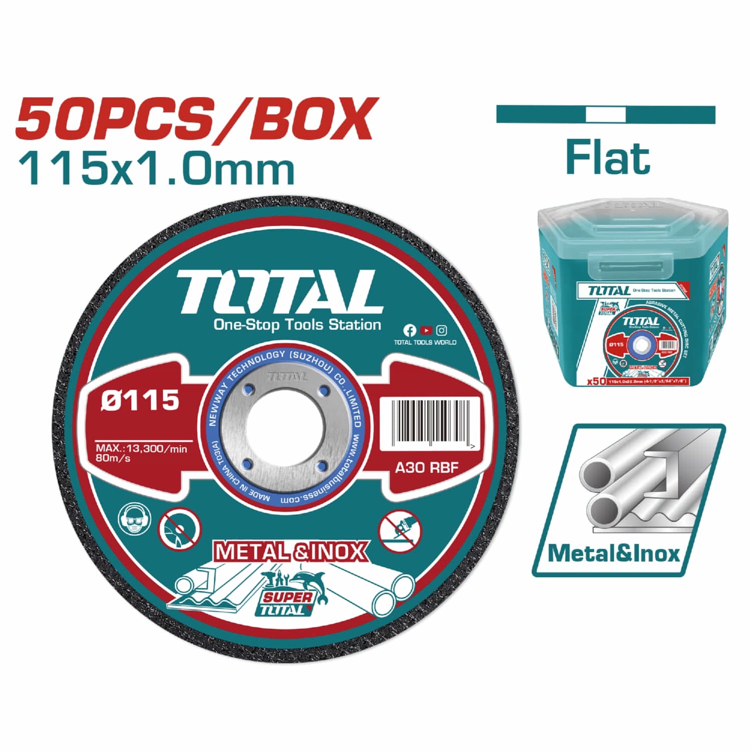 Discos de Corte de Metal e Inoxidable 4 1/2" x 3/64" x 7/8" Centro Plano (Caja de 50 pzas)