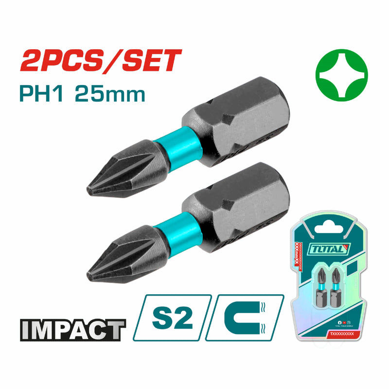 Puntas de Destornillador de Impacto PH1 25mm S2 Set de 2 pzas. Magnético. Tipo Phillips