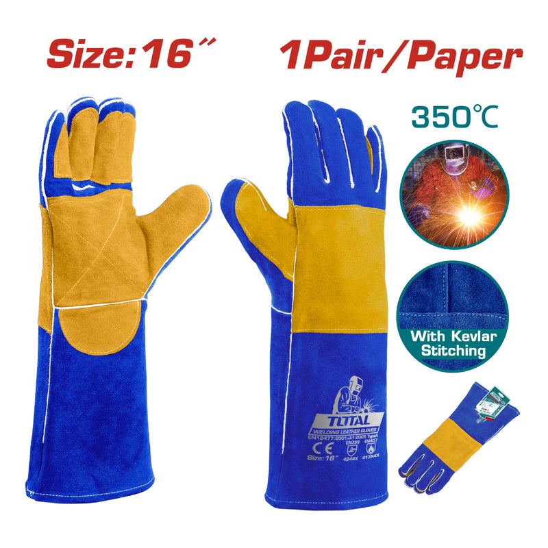 Guantes para soldar 350°. Talla 16" Alta temperatura. Cuero de Vaca. Tejido en Kevlar. (Par)