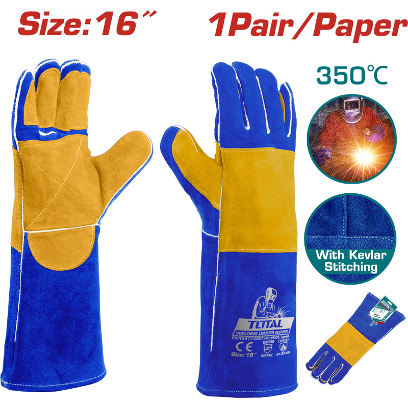 Guantes para soldar 350°. Talla 16" Alta temperatura. Cuero de Vaca. Tejido en Kevlar. (Par)