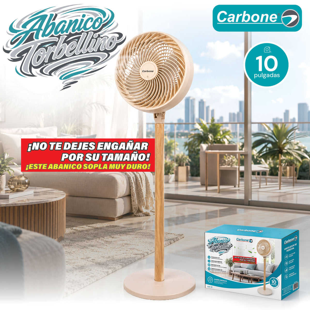 Abanico de Pedestal TORBELLINO FAN 10” 75W Ultra Potente Oscilante con Altura Ajustable 1.15 m. Ventilador de 2 Velocidades. Color Beige con Acabado Tipo Madera.