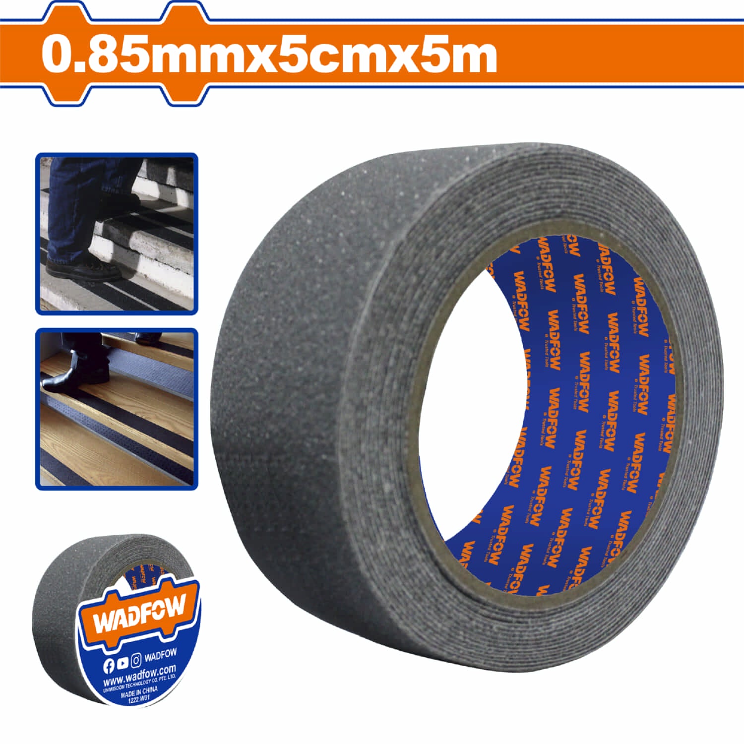 Cinta antideslizante de seguridad de PVC 0.85mm*5cm*5m. Fuerte adherencia. Ideal para escalones. Tape antiresbalante
