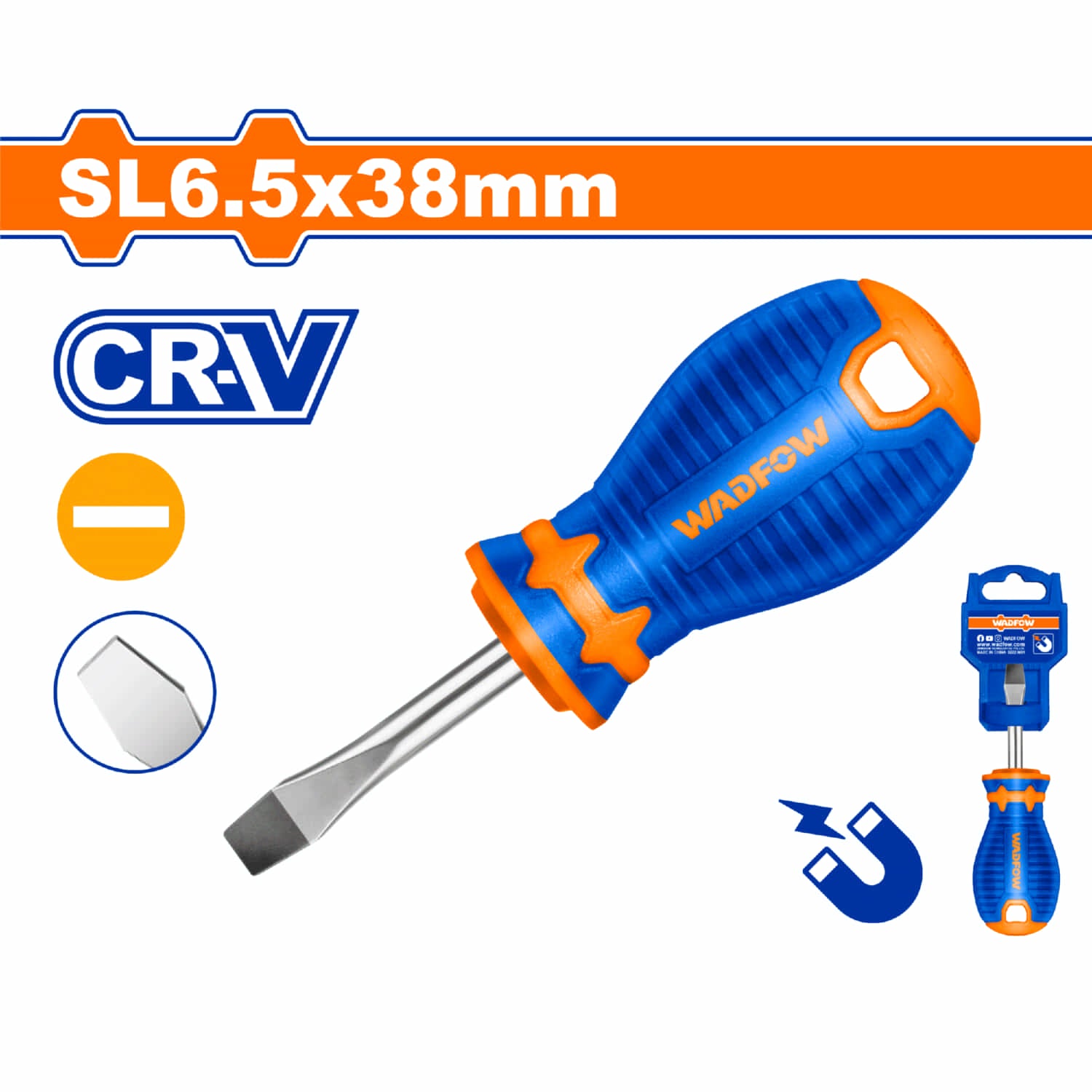 Destornillador Corto Plano 6.5x38mm Tipo de punta:SL Vástago Redondo Cr-V Magnético.