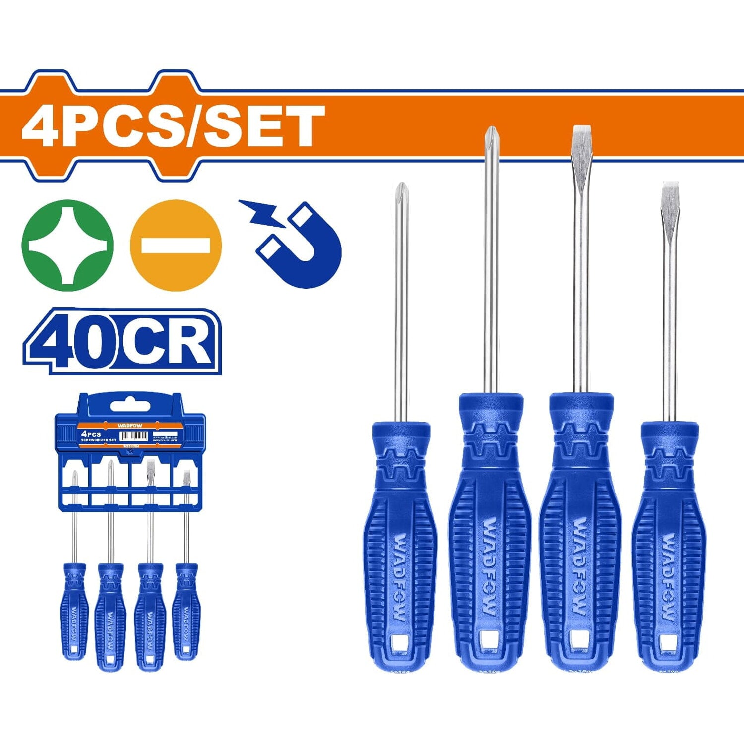 Destornilladores Punta plana y Punta estrella. Mango redondo. 40CR. Magnético (Juego de 4 pzs)