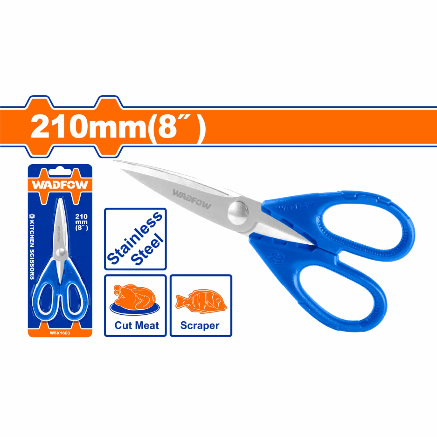 Tijera de Cocina 8" de Acero Inoxidable. Ancho de la Hojilla: 1.8mm. Tijera de Chef.