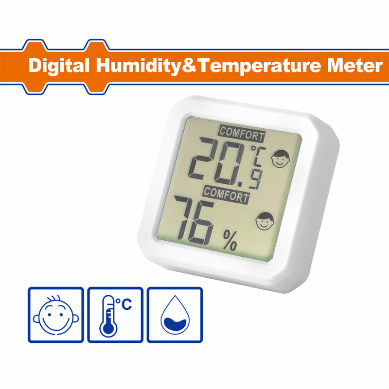 Medidor digital de humedad y temperatura. Temperatura ambiente: -10℃~60℃ Humedad ambiente: 0~100% Indicador batería baja.