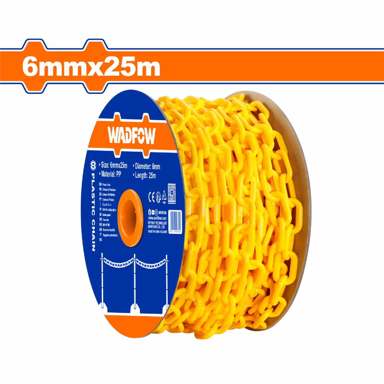 Cadena Plástica color Amarillo. 6mmx25mm. Long.25m.