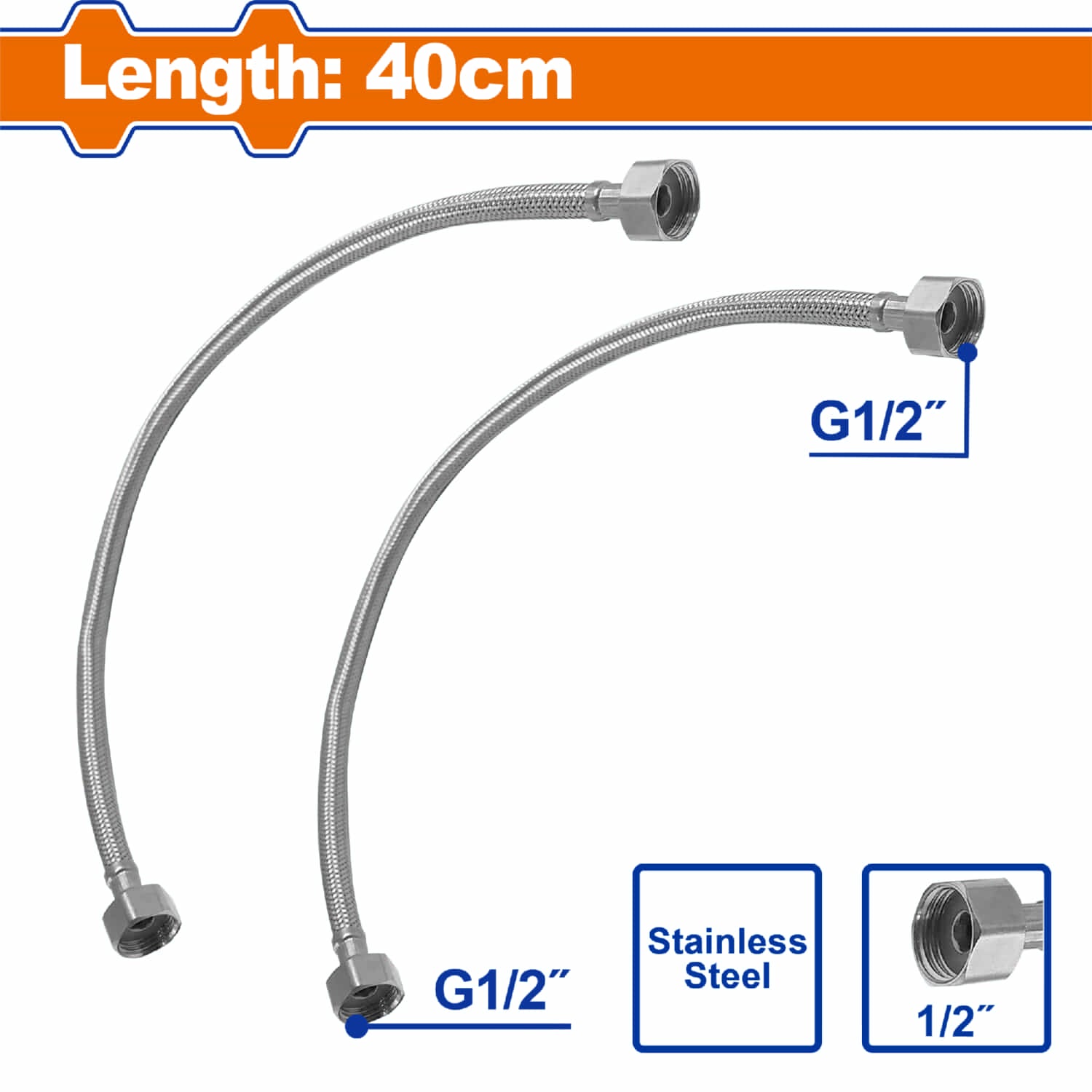 Tubo de abasto de agua Conectores de grifos flexibles 40cm. Conector 1/2". Acero Inoxidable 301. Incluye 2 tubos.