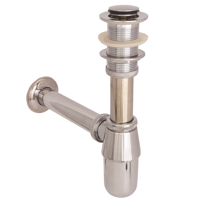 Trampa metálica de lujo para lavamanos con desague con tapa cromada y con rebosadero