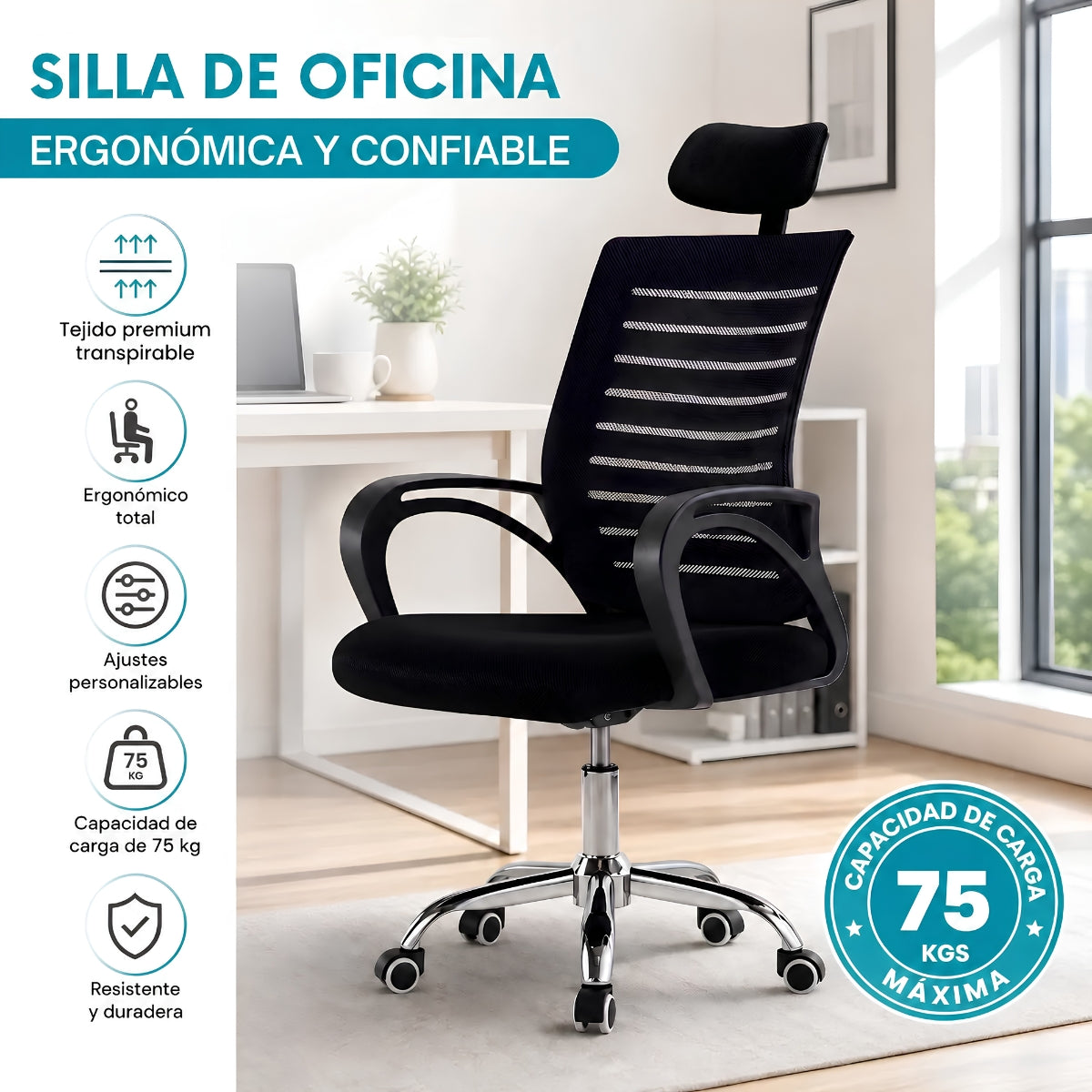Silla de Oficina Ergonómica Negra con Reposacabezas y Altura Ajustable. Silla de Escritorio con Malla Transpirable, Base de Acero y Ruedas (48x60x98-106cm)