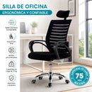 Silla de Oficina Ergonómica Negra con Reposacabezas y Altura Ajustable. Silla de Escritorio con Malla Transpirable, Base de Acero y Ruedas (48x60x98-106cm)