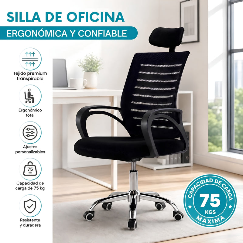 Silla de Oficina Ergonómica Negra con Reposacabezas y Altura Ajustable. Silla de Escritorio con Malla Transpirable, Base de Acero y Ruedas (48x60x98-106cm)