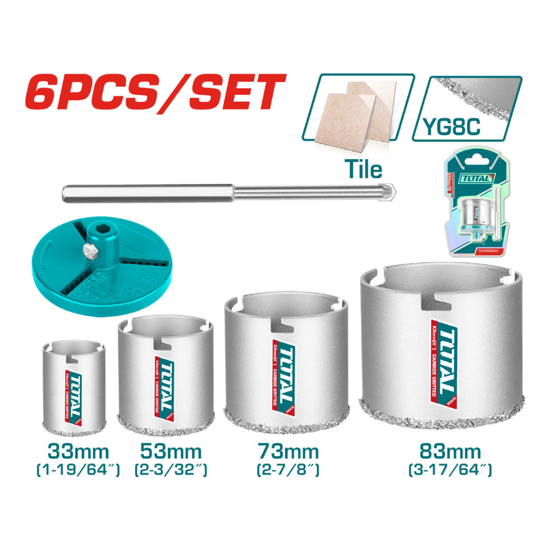 Brocas circulares de carburo sacabocado para piedras y cerámicas. 33mm 53mm 73mm 83mm. Set 6 pzas.