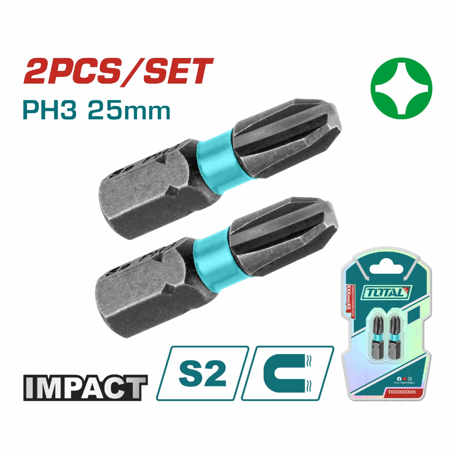 Puntas de Destornillador de Impacto PH3 25mm S2 Set de 2 pzas. Magnético. Tipo Phillips
