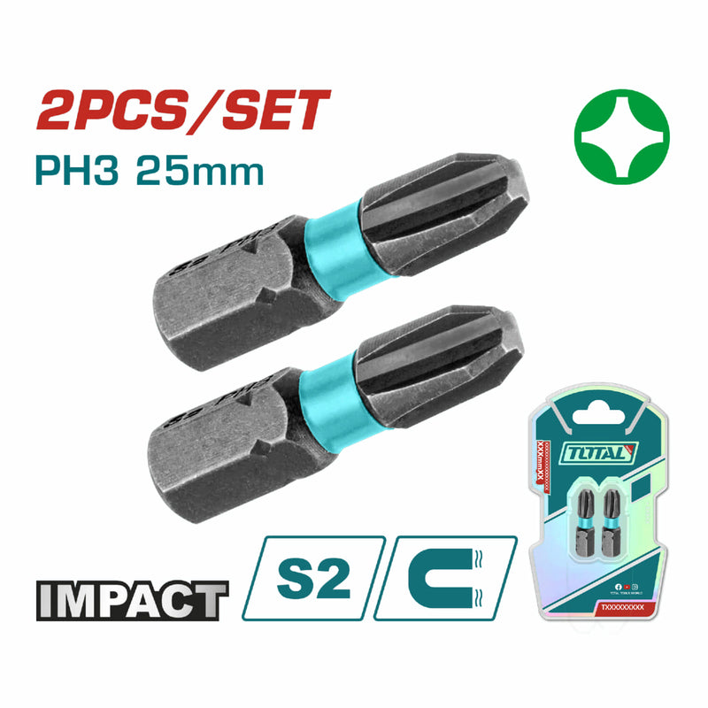 Puntas de Destornillador de Impacto PH3 25mm S2 Set de 2 pzas. Magnético. Tipo Phillips