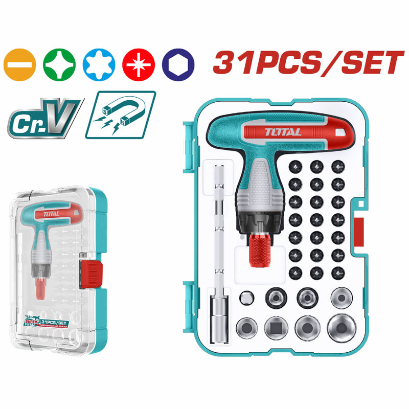 Destornillador Llave T Mixto ratched Cr-v. Magnético. Puntas variadas. Set de 31 piezas.