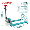 Transpaleta manual de 3000 Kg. Medidas de uñas. 685x1220mm Altura min/max de uña: 74-190mm.