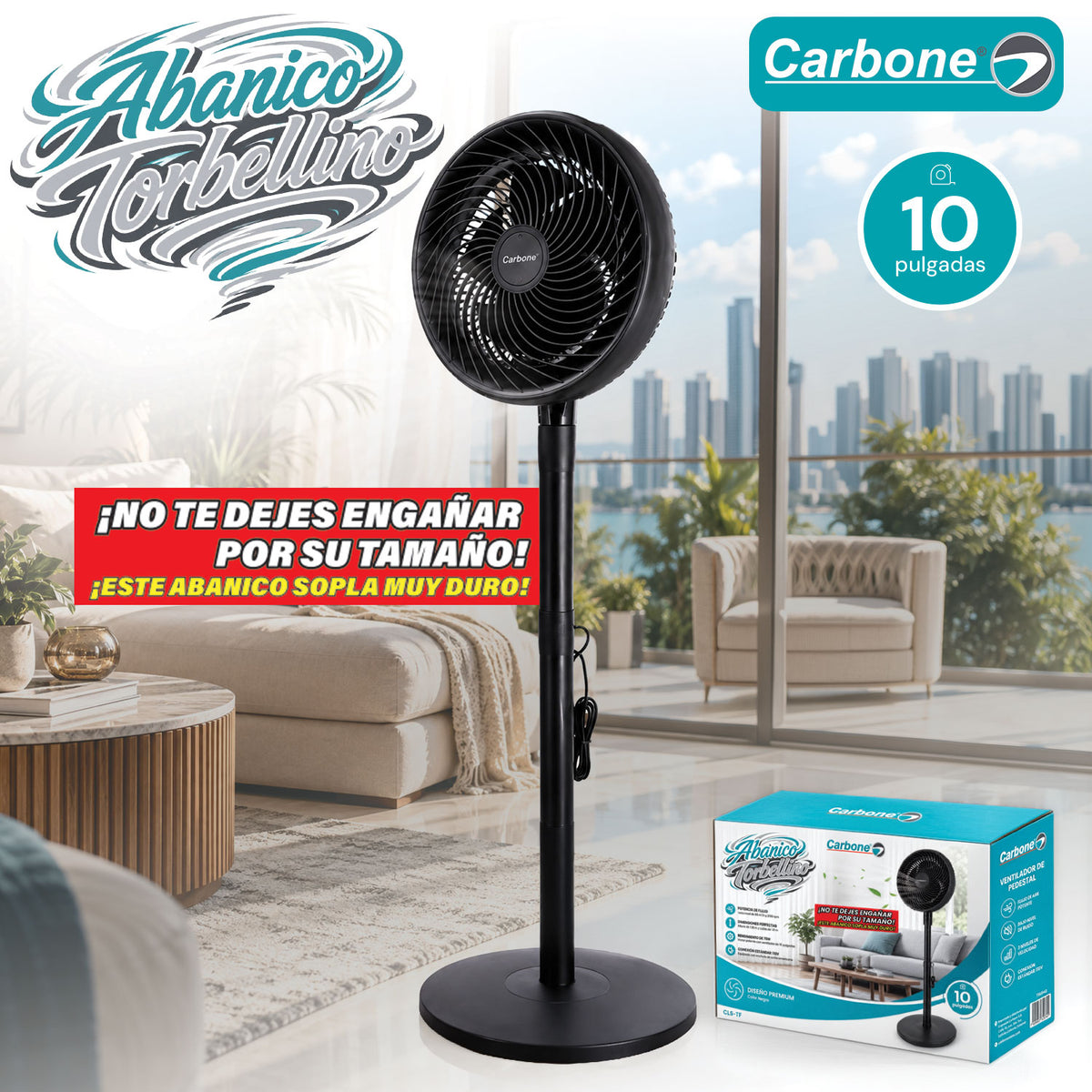 Abanico de Pedestal TORBELLINO FAN 10” 75W Ultra Potente Oscilante con Altura Ajustable 1.15 m. Ventilador de 2 Velocidades. Color Negro.
