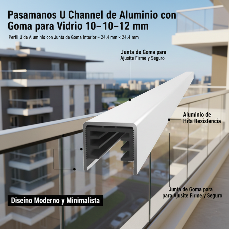 U channel pasamanos de aluminio Color Inox con goma, 5.8m de largo, 24.4mm alto y ancho Externo Y 21.4mm alto y ancho Interno