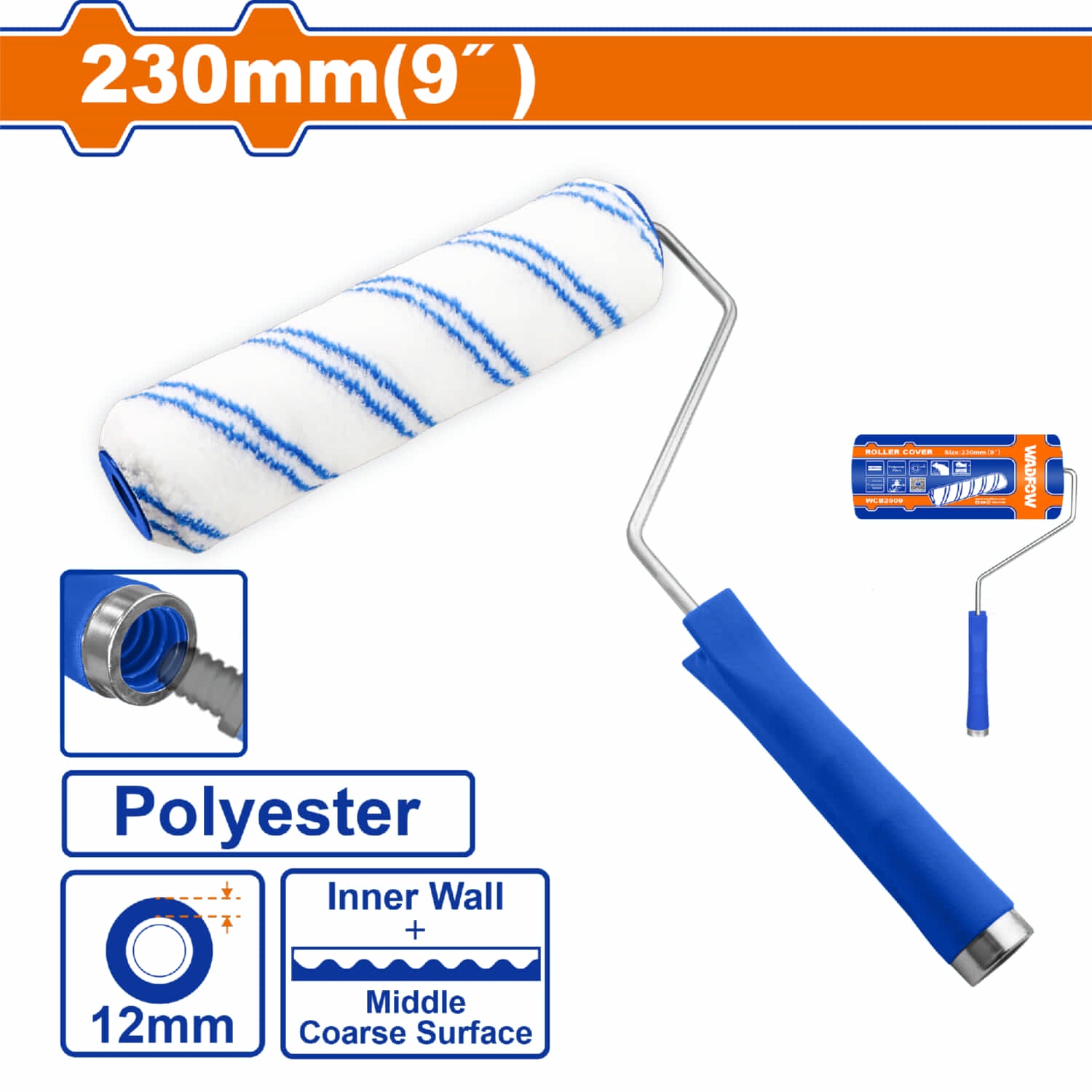 Rodillo para pintar 9" Paredes internas. Altura de la fibra:12mm. Poliéster.