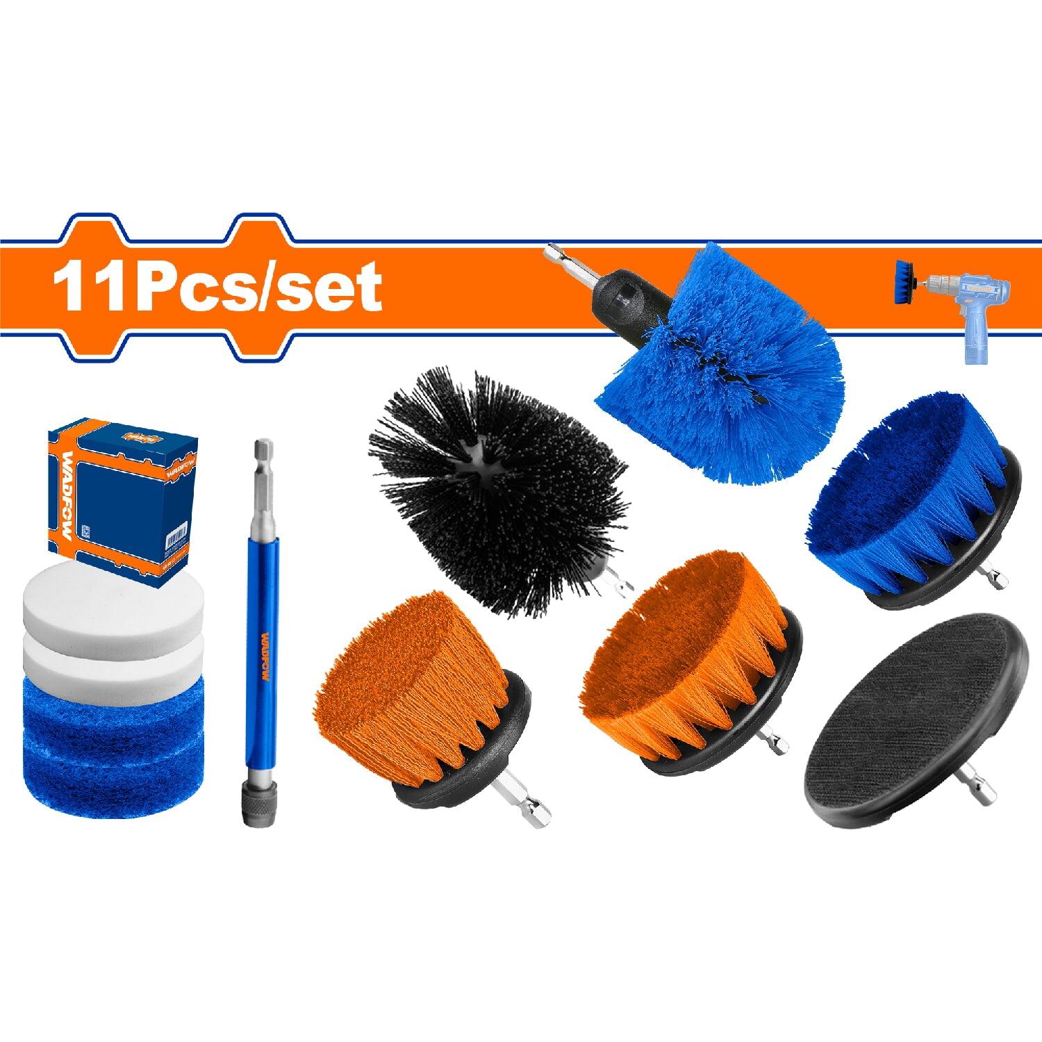 Cepillos para limpieza con accesorios 11 piezas. Incluye: Almohadillas, esponjas y soporte.