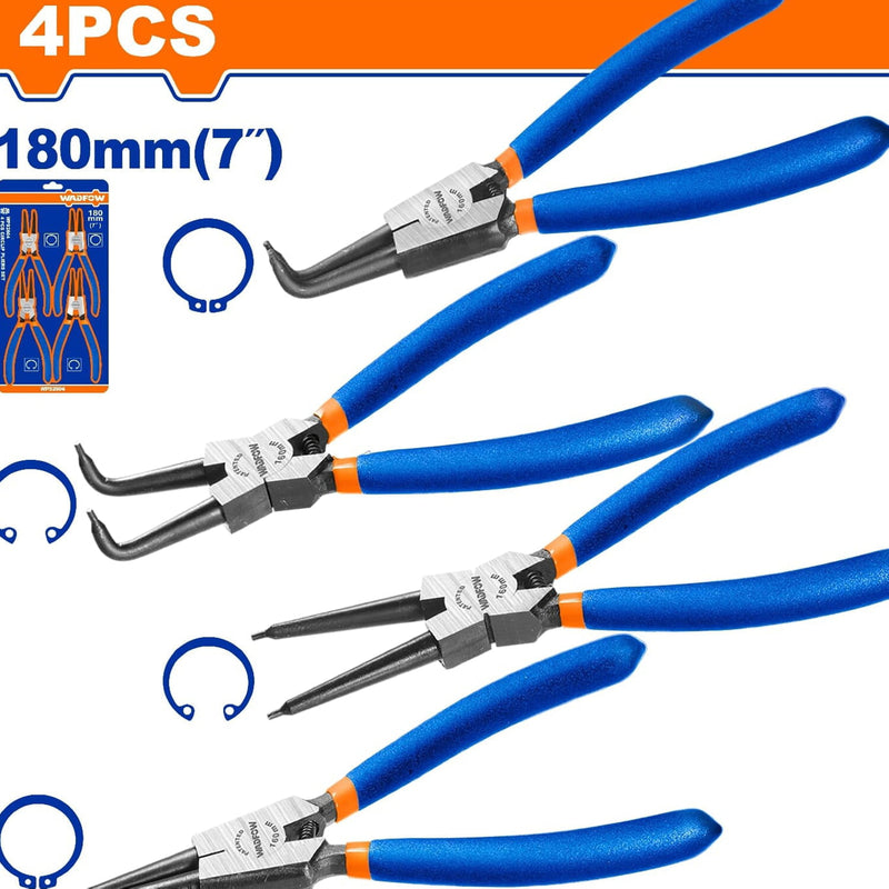 Alicates 180mm(7") con anillo de retención 1.8mm. Incluye: (2) alicates 180º y (2) alicates 90º