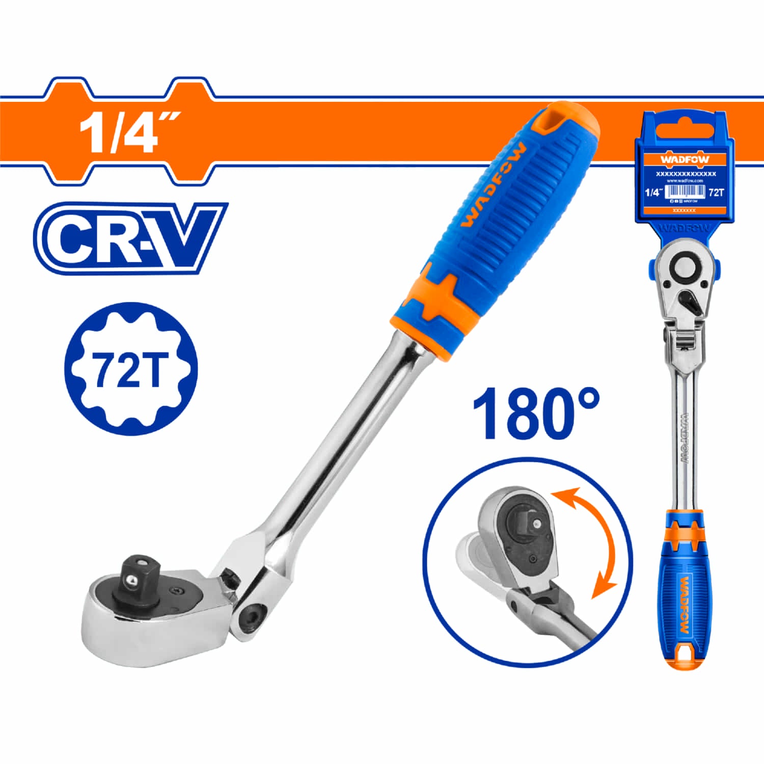 Ratchet de Cabeza Flexible 1/4". Cr-V.72 dientes. Rota 180º. Long: 200mm. Térmico. Cromado.