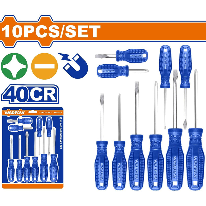 Destornilladores Punta plana y Punta estrella Mango redondo. 40CR. Magnético (Juego de 10 pzs)