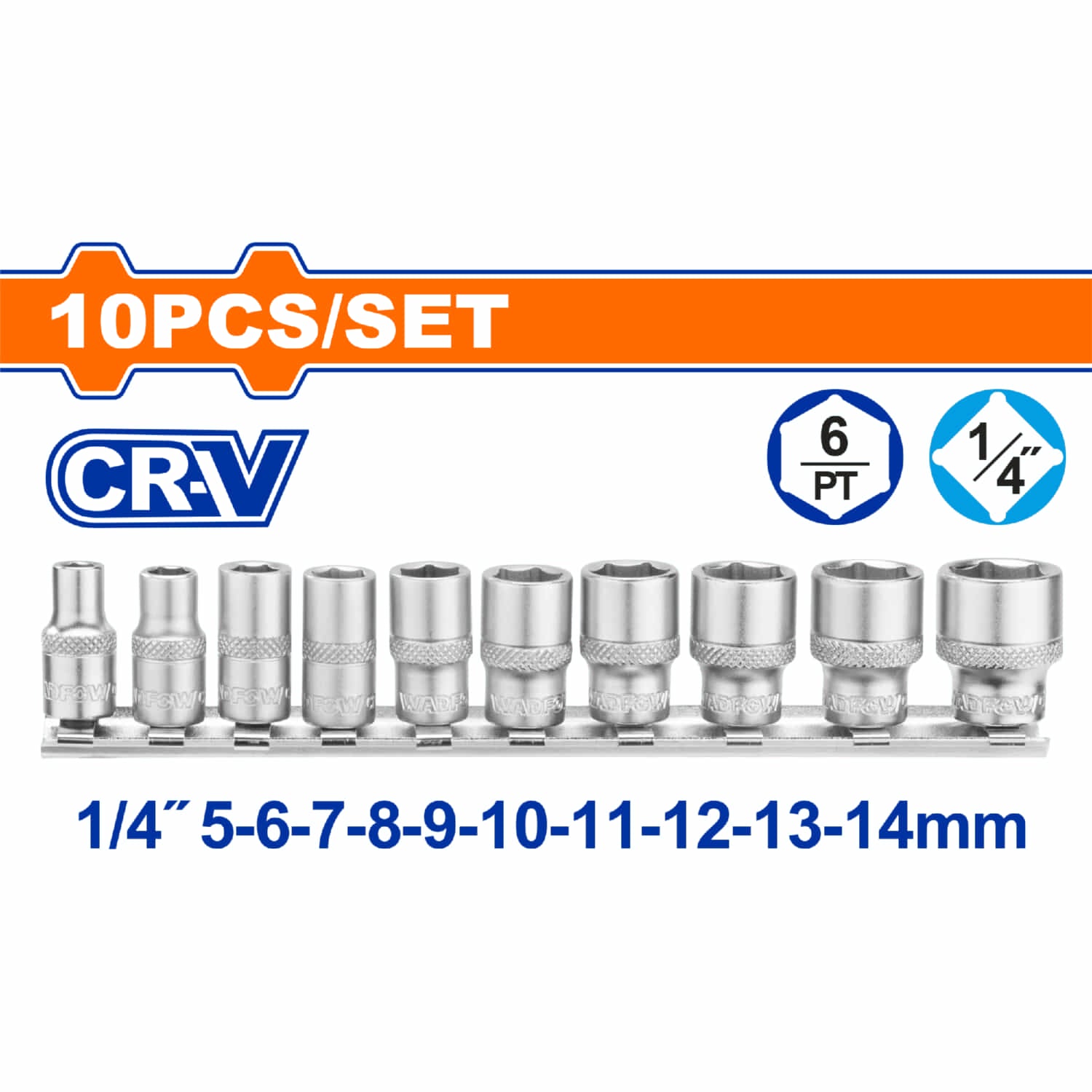 Dados Socket 1/4". 10 piezas. 5-14mm. Acero Cr-V. Cromado. Se vende en Set.