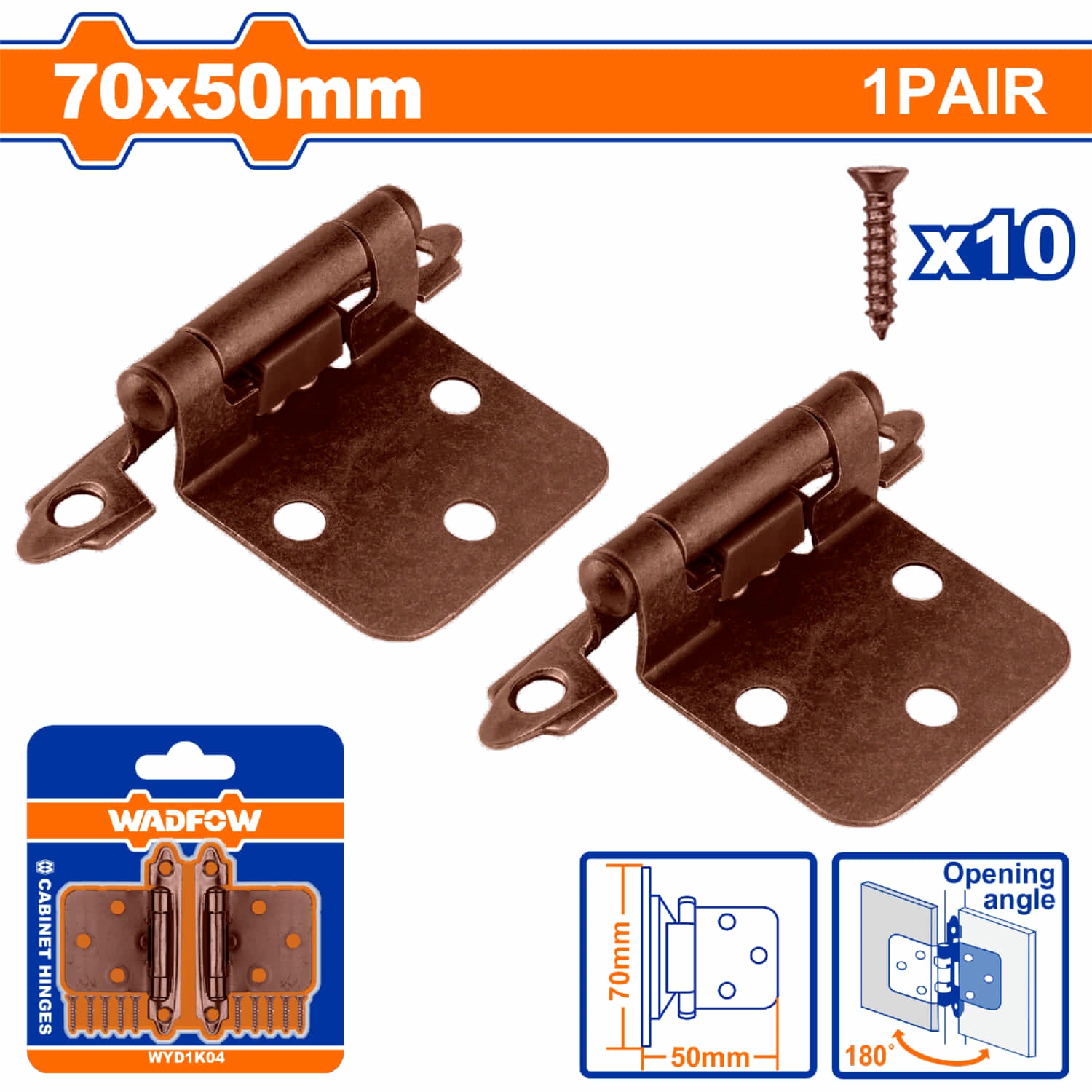 Bisagras de presión para gabinete 50x70mm acabado cobre. Incluye 10 tornillos. Viene en par.