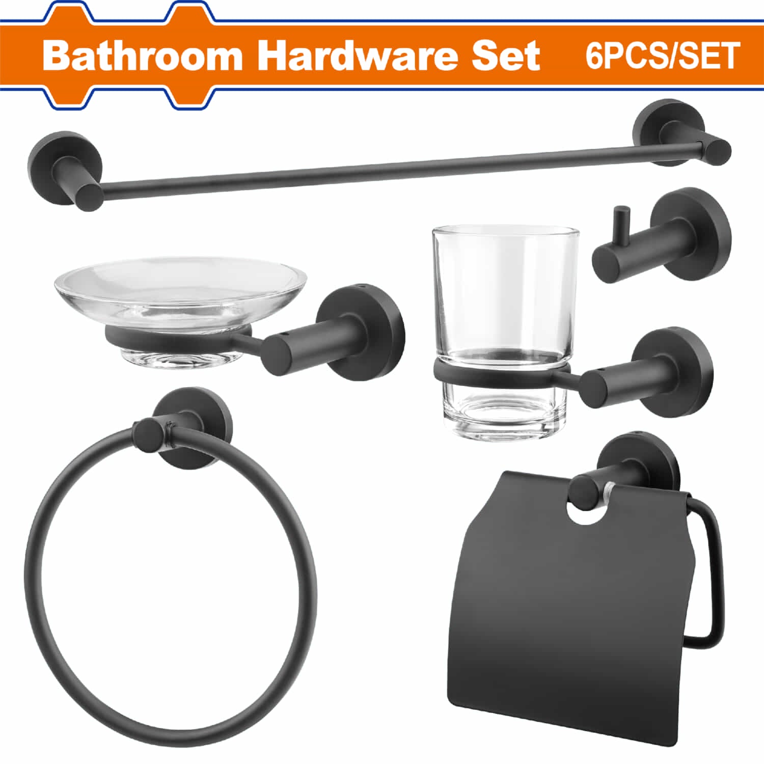 Accesorios para baño. 6 piezas. Fabricado en aleación de zinc, acero inoxidable y vidrio. Negro.