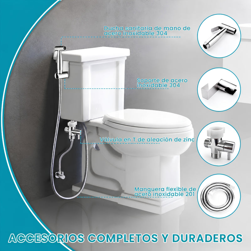 Ducha Sanitaria Tipo Teléfono de Acero Inoxidable 304 con Manguera 1.4m. Bidet de Mano para Inodoro con Válvula en T 3/8". Rociador Higiénico.