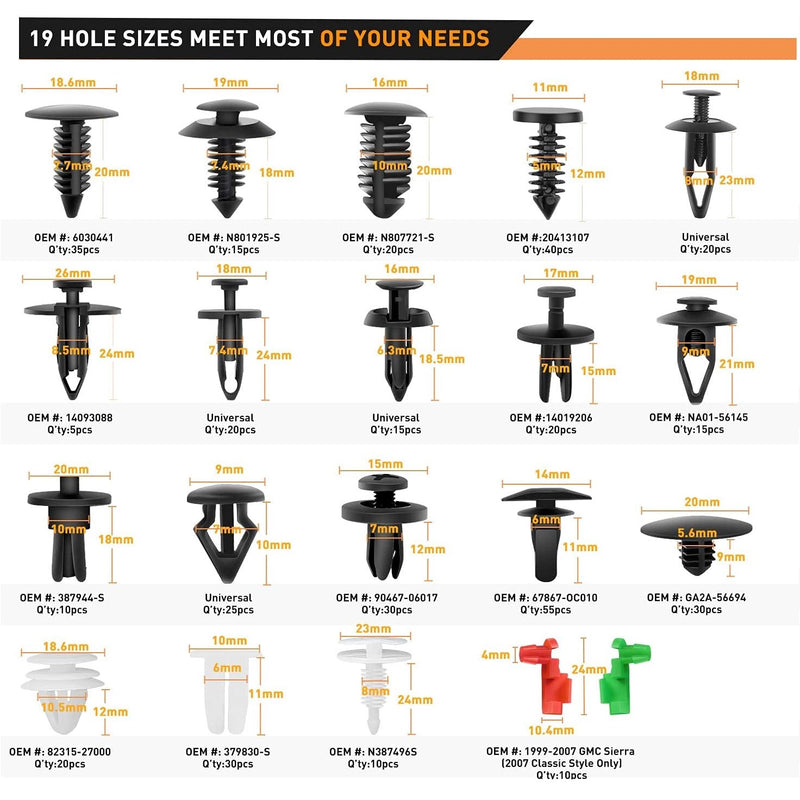 Clips de retención para autos, set de 425 piezas, 19 tipos de clip.