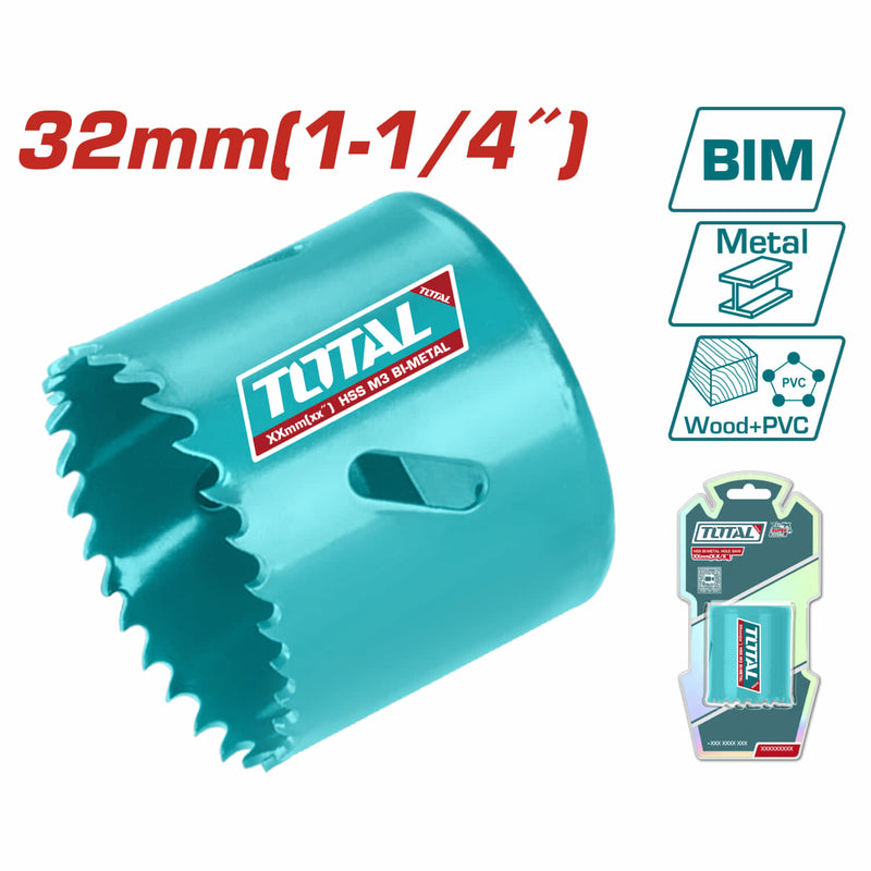 Broca cilíndrica HSS M3 Bi-Metal, Dientes variados 4-6TPI, diámetro 32mm.