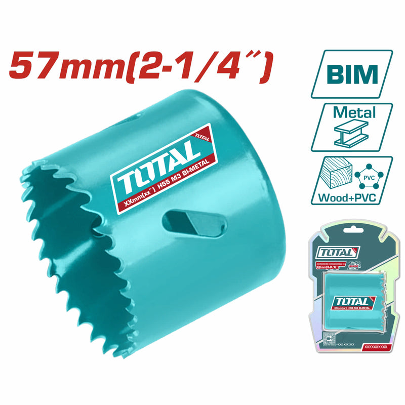 Broca cilíndrica HSS M3 Bi-Metal, dientes 4-6TPI, diámetro 57mm. Profundidad de corte:38mm. Sierra de Agujero.