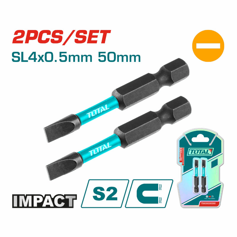 Puntas de Destornillador de Impacto SL4 50mm S2 Set de 2 pzas. Magnético. Tipo Plano.