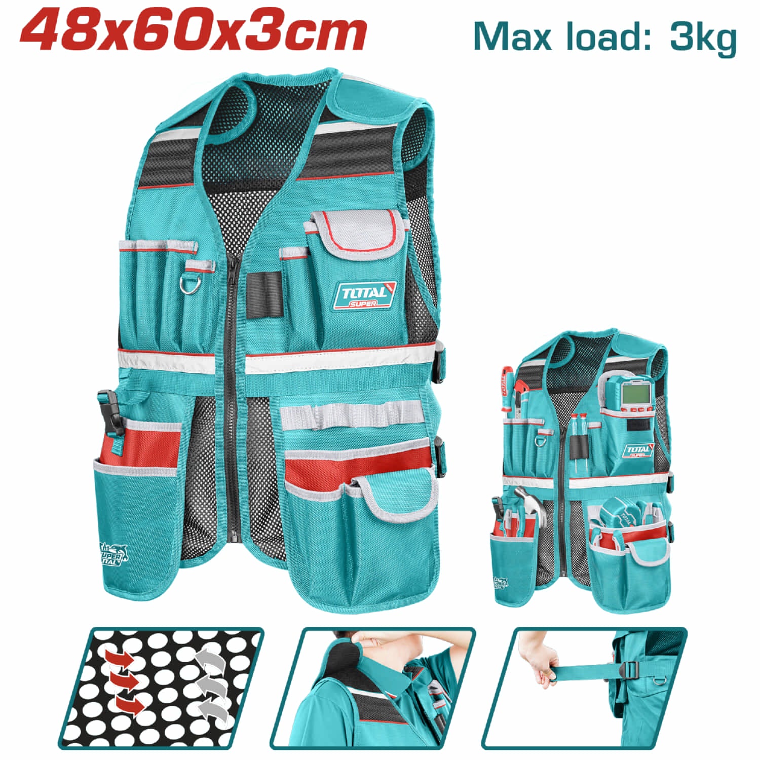 Chaleco con Bolsillos para Herramientas 42x60x3cm Correa de hombro ajustable. 17 bolsillos.