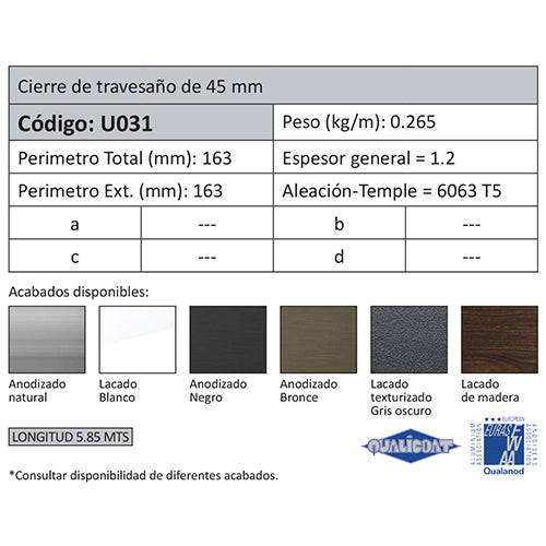 Cierre Pilastra. Espesor 1.2 mm. Largo 5.85 mts. Acabado Anodizado Bronze 15 Micron. (D3-P1-A1-06-11