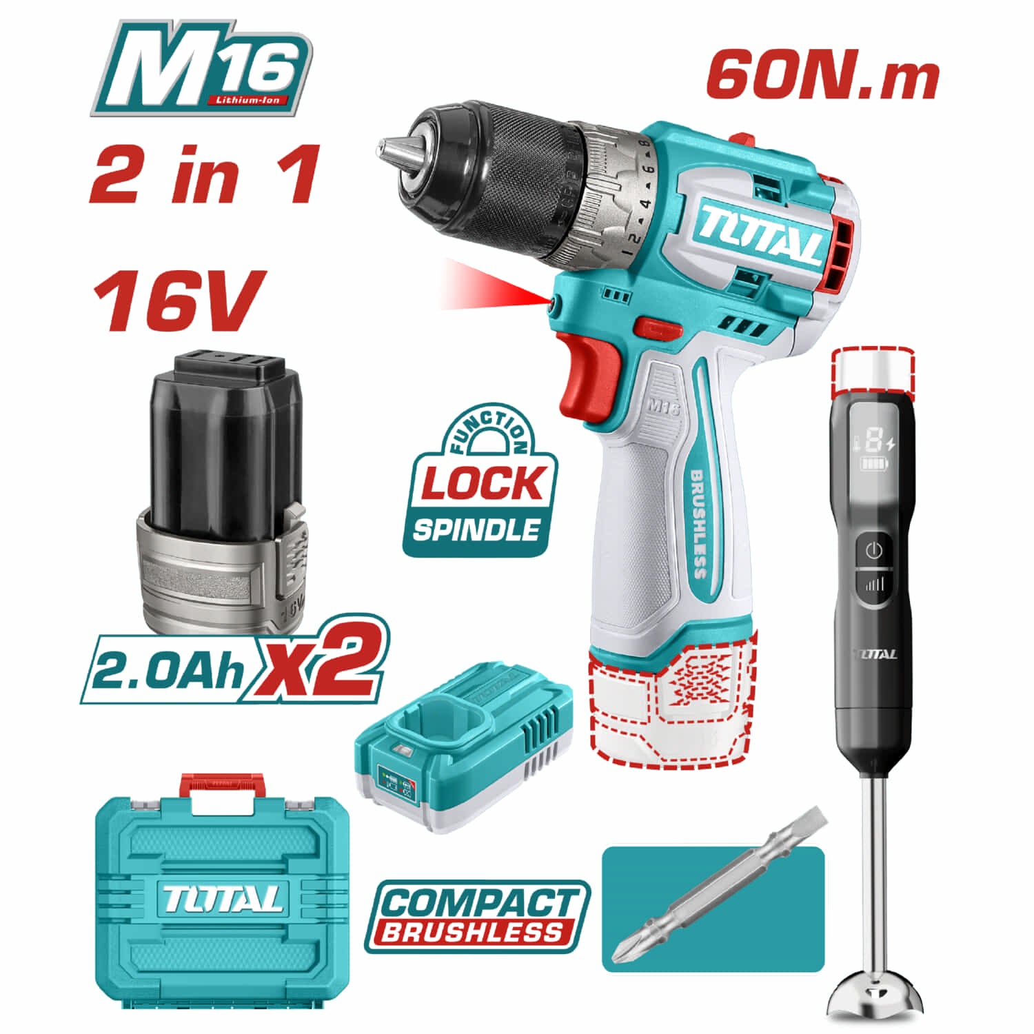 Drill Taladro Inalámbrico 16V 60N.m. 2000 rpm y Batidora de Mano 100W 5 Veloc. Incluye Batería y Cargador. Pocas Unidades. Combo Total