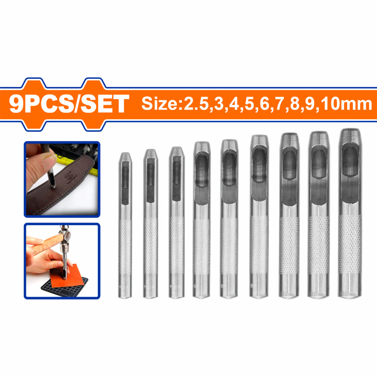 Punzones huecos para perforar orificios. Set 9 piezas. Forjado. Ideal para cuero, plástico, etc.
