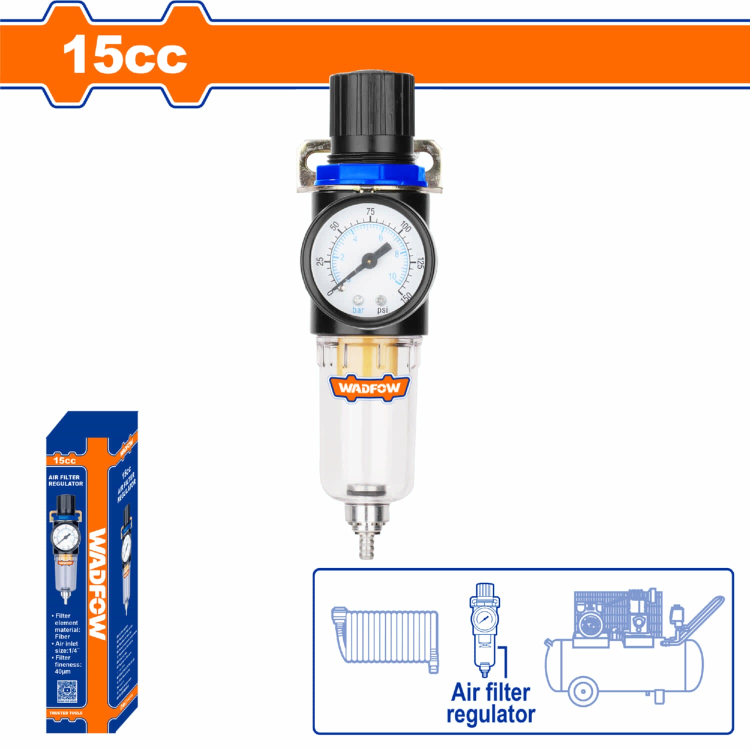 Regulador del filtro de aire para compresores 15cc. Finura del filtro 40µm. Entrada de aire:1/4"
